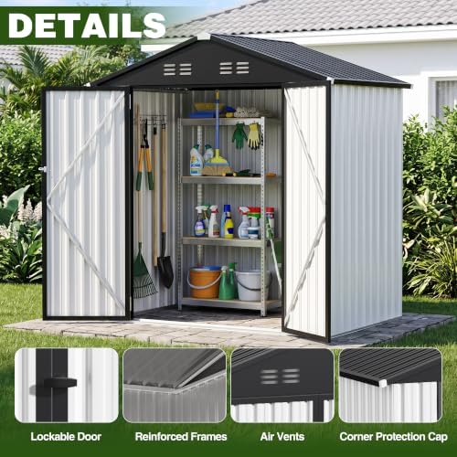 Zamildon's 6x4 FT Outdoor Metal Storage Shed, Weatherproof Galvanized Steel Gable Roof Garden Tool Shed with Lockable Double Doors & LED Light for Backyard Patio Lawn, White