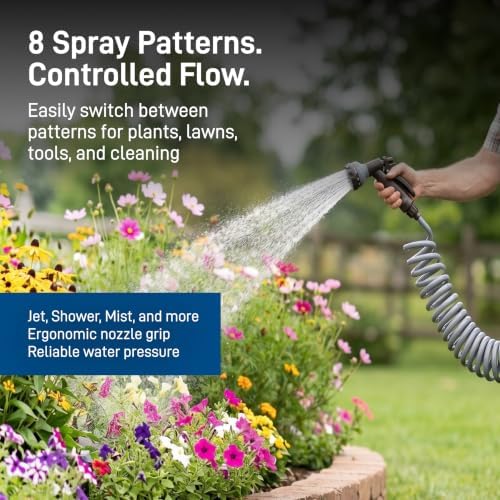 Orbit Coil Garden Hose, 25 ft, with 8-Pattern Nozzle, Gray - 26382