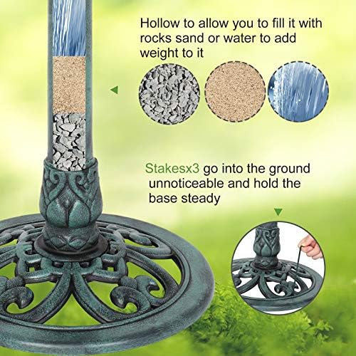 VINGLI Pedestal Bird Bath with Solar Fountain, Solar Pump Resin Birdbaths, Weather Resistant Bird Baths with Ground Stakes, Vintage Finish Garden Decor for Outdoor, Patio, Yard, Lawn(Green)