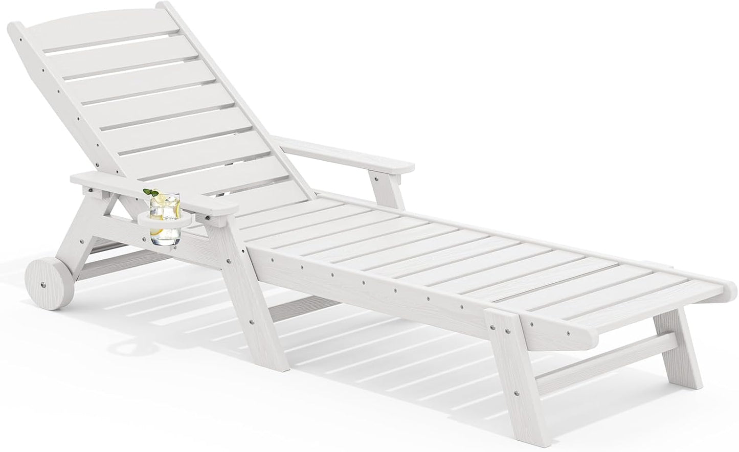 SERWALL Patio Chaise Lounge Chair, 78'' Long HDPE 5 Positions Adjustable Outdoor Lounger, Poly Lounge Chair with Rolling Wheels & Cup Holder for Pool, Light White