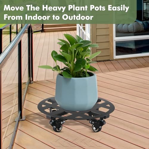 2 Packs 12 inches Large Metal Plant Caddy with Wheels Heavy-Duty Round Plant Stands with Casters Indoor Outdoor Flower Pot Mover Roller Base Garden Dolly Coasters Black, Strong Load Capacity