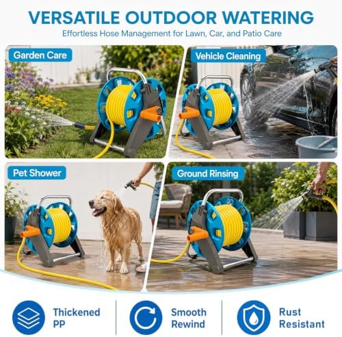 Portable Garden Hose Reel Cart – Holds Up to 50 Ft of 5/8" Hose – Outdoor Water Hose Storage Holder & Pipe Organizer for Yard, Lawn Watering, Car Washing