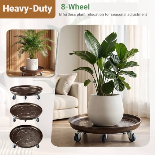 Briwooody 1 Pcs 19.7 Inch Large Round Plant Saucer with Lockable Wheels Flower Plant Trays Heavy Duty Round Water Catcher Easy to Move for Pots Indoors Outdoor Garden (Copper Gold)