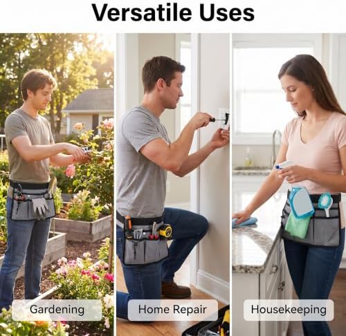 Garden Tool Gardening Belt, Multi-Pocket Waist Tool Apron with Drawstring Pouch, Snap Pocket and Extra Large Back Storage Pocket, Adjustable Work Belt for Gardening Carpenter Construction