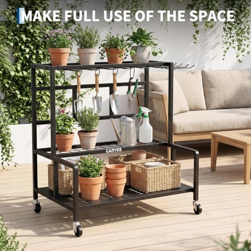 3-Tier Garden Tool Organizer with Wheels, Heavy-Duty Steel Garage Rack