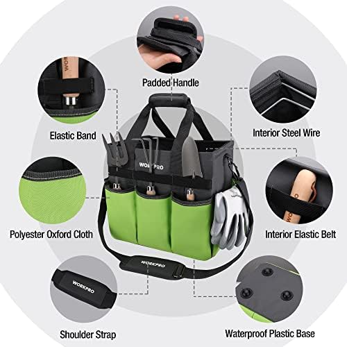 WORKPRO Garden Tool Bag, 10 Pockets and Shoulder Strap, Green