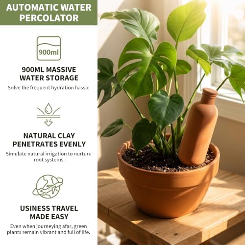 4 Pack Terracotta Self Watering Plant Bottles 900ml Automatic Clay Watering Globes with Free Garden Fork Spoon for Houseplants Outdoor Garden Plants