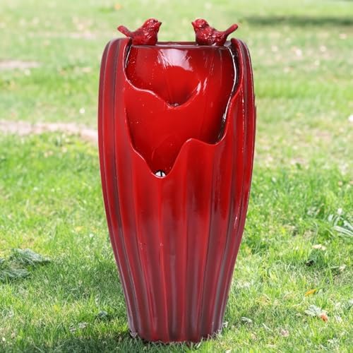 Red Fountain with LED Lights, 20" H Resin Vase Outdoor Freestanding Fountain with Adjustable Water Pump, Outside Garden & Backyard Decking Décor