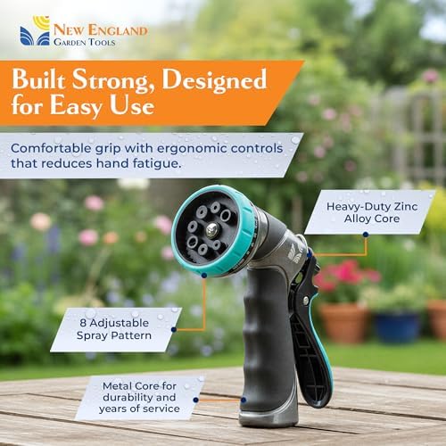 Water Sprayer Nozzle 500007, 8-Pattern Metal Water Nozzle w/Rear Trigger, High Pressure for Plant Watering, Car Cleaning & Heavy-Duty Tasks, Fits Outdoor Garden Hoses, by New England Garden Tools