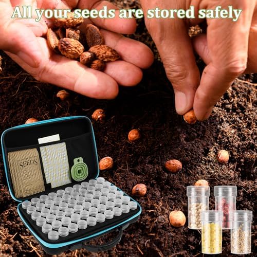 60 Slots Seed Storage Organizer Box with 7 Envelopes, 63 x Label Stickers Garden Seed Organizer with Zipper Bag Storage Container for Vegetable Flower Plants Garden (Blue)