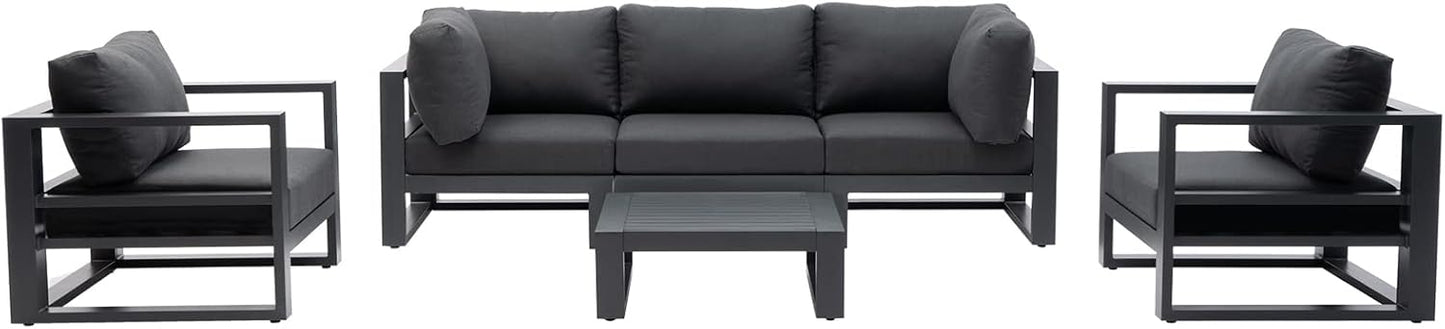 Outdoor Conversation Set 6 Pieces Aluminum Patio Furniture Modular Sectional Sofa Set with Armchairs, Square Coffee Tables, Dark Grey Cushions