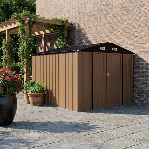 LAUSAINT HOME 10 x 12 FT Outdoor Storage Shed, Heavy Duty Galvanized Steel Storage Shed with Double Lockable Doors, Gable Roof & Air Vent for Backyard & Patio, Brown