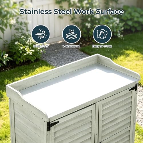 Outdoor Potting Bench with Storage Cabinet, Upgraded Wooden Garden Storage Cabinet with Metal Tabletop, Patio Cabinet for Garden Tools, Backyard, Deck and Outdoor Workstation (Grey)