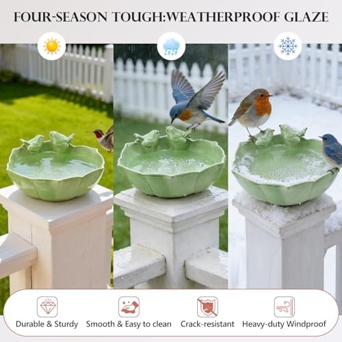 Glazed Ceramic Bird Bath Bowl for Outdoor Ground, UV/Frost-Resistant