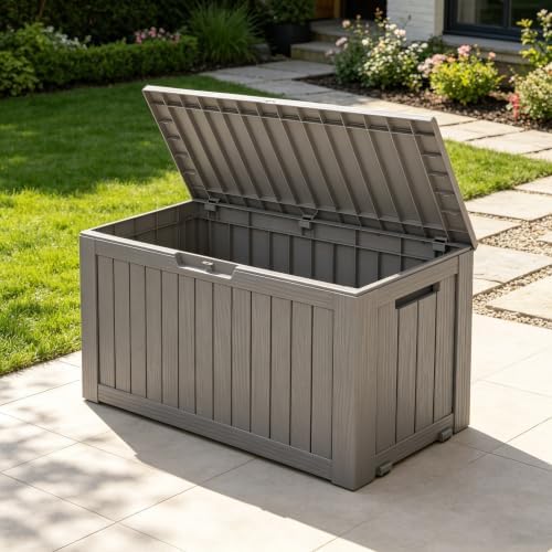 Fancyango 85 Gallon Large Outdoor Storage Deck Box Waterproof, Grey Brown