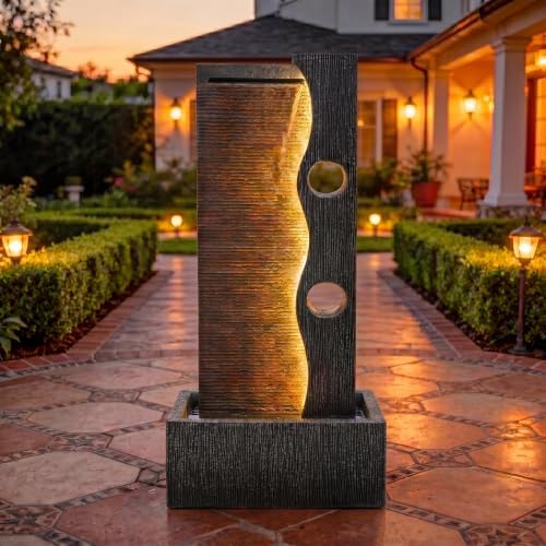 AUTODAYA 39" Modern Zen Outdoor Water Fountain LED Cascading Waterfall