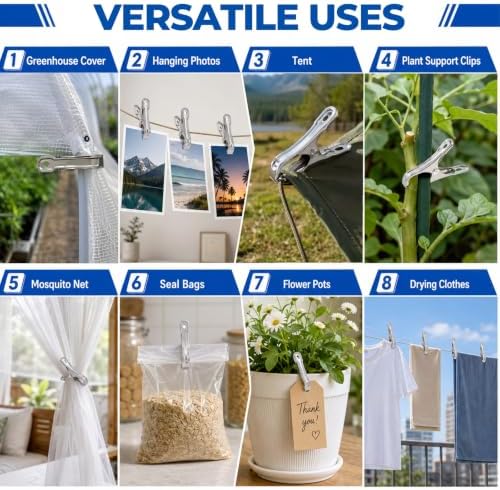 52 PCS Garden Clips - Stainless Steel Greenhouse Clamps,Strong Grip Heavy Duty Metal Clip, for Have a Strong Grip to Hold Down the Shade Cloth or Plant Cover on Garden Hoops