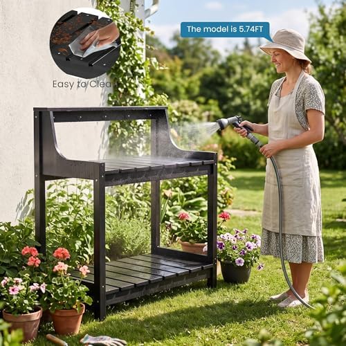 HDPE Outdoor Potting Bench, All-Weather Garden Potting Table with 3-Tier Storage Shelves, 43.3" Ergonomic Height Weatherproof Planting Workbench for Patio, Backyard and Garden, White (Black)