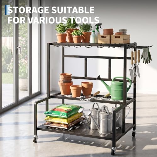 3-Tier Garden Tool Organizer with Wheels, Heavy-Duty Steel Garage Rack