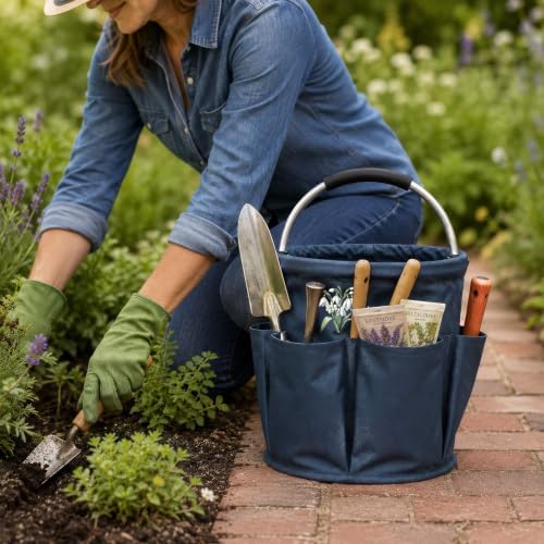 Personalized Gardening Tool Bag, Foldable Custom Birth Flower Garden Tote Organizer with Pockets, Gardening Gift for Mom Grandma Wife (Dark Blue)