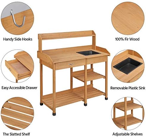 Yaheetech Potting Bench with Sink & Drawer, Outdoor Gardening Table, Wood
