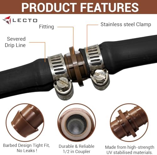 LECTO Universal 5/8", 1/2", .700" Drip Line Repair & Extension Kit – Plastic Coupler with 2 Stainless Steel Hose Clamps