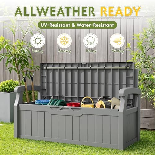 Greesum 80 Gallon Storage Bench Outdoor Deck Box with Armrest, Grey