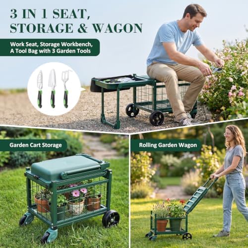 Rolling Garden Cart with Tool Bag and 3-Piece Garden Tools Set, Garden Work Seat and Heavy-Duty Wagons with 360° Swivel Wheels, Workbench and Metal Storage Basket, Supports Up to 400LBS