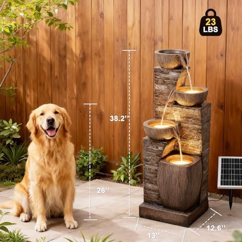 38.2" Solar Fountain Outdoor Garden 4 Tiers Stone Texture Modern Fountain