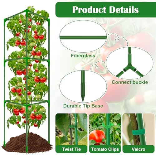 3 Packs Fiberglass Tomato Cages for Garden, 56 Inch Tall Tomato Plant Support, Adjustable Tomatoes Stakes Plant Climbing Trellis for Garden Vegetables Fruits, Tomatoes Support Cages with Clips