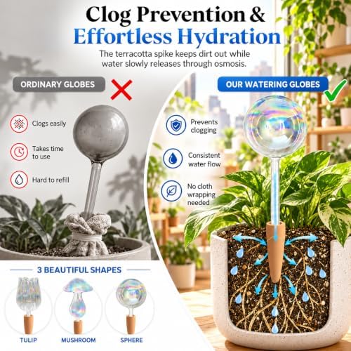Non-Clogging Iridescent Ball Plant Watering Globes with Terracotta Spikes, Hand Blown Glass Self Watering Planter Insert, Watering Bulbs for Multi-Plant Households (3 Pack)