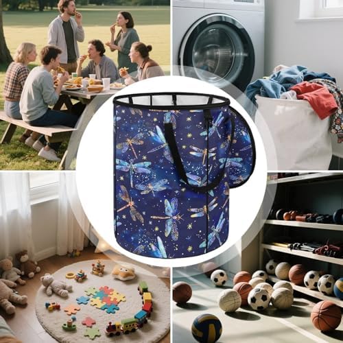 Blue Dragonflies Collapsible Outdoor Camping Trash Can Lawn Garden Leaf Bin Waster Bag with Lid and Handles 24 Gallon Large Capacity Foldable Yard Waster Bag
