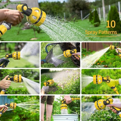 Garden Hose Nozzle, Heavy Duty Water Hose High Pressure Sprayer with 10 Watering Patterns, Thumb Control On Off Valve, for Watering outdoor Plants & Lawn, Car & Pet Washing（Yellow）