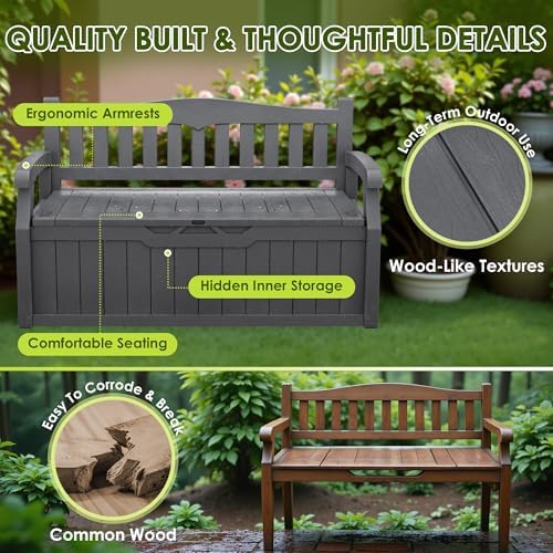 Greesum 80 Gallon Outdoor Storage Bench with Armrest, Dark Grey