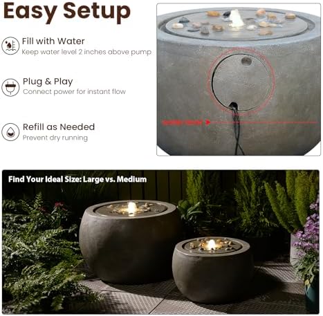 Medium Round Bubbler Waterfall Fountain with LED Lights, Gray
