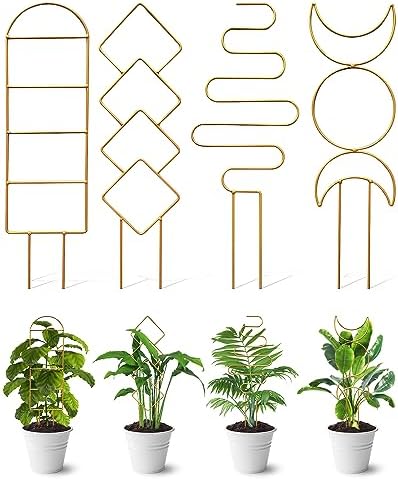 4 Pack Indoor Climbing Plant Trellis, Small Trellis for Potted Plants Outdoor, Metal Garden Trellis Plant Support Trellis with Different Patterns for Vine Ivy Flower (Golden)