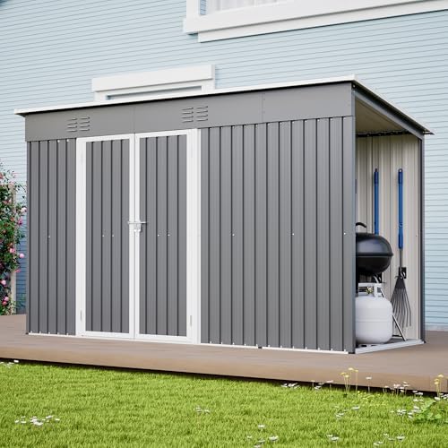 YOPTO 10x4 FT Outdoor Storage Shed, Metal Sheds with Floor Base & Open Firewood Storage,Steel Garden Shed with Lockable Doors,Sloped Roof,Windows, 2 in 1 Large Tool Shed for Patio, Backyard, Lawn.Gray
