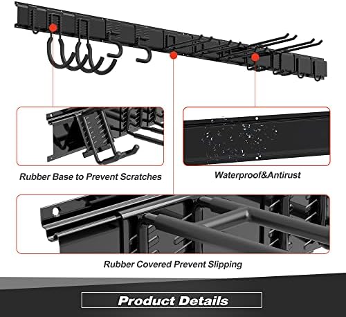 Garage Tool Storage Rack, Heavy Duty Garage Storage Organizer Rack System Wall Mounted Tool with 12 double hooks, 4 rails Garden Tool Rack