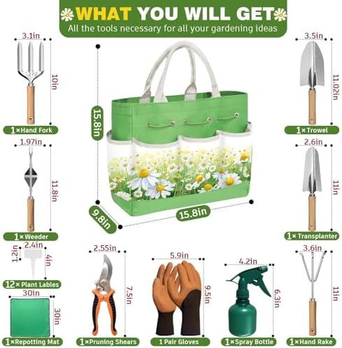 22Pcs Garden Tools Set for Women,Heavy Duty Hand Tool Kit,Birthday Gifts for Mom Wife Grandma Beginner,Gardening Essentials with Large Tote Bag/Repotting Mat/Trowel/Rake/Pruner/Gloves/Plant Tags-Green