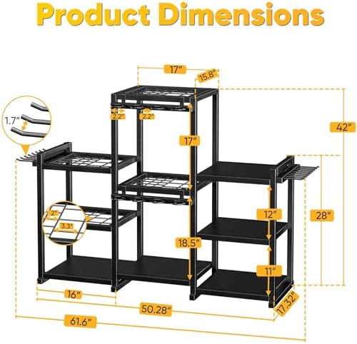 42" H Large Garden Tool Organizer, Holds Up to 86 Tools, Heavy Duty Yard Tool Organizer for Garage, 61“ Wide Lawn Freestanding Tool Storage Rack for Outdoor Shed Tool Rake, Shovel, Brooms