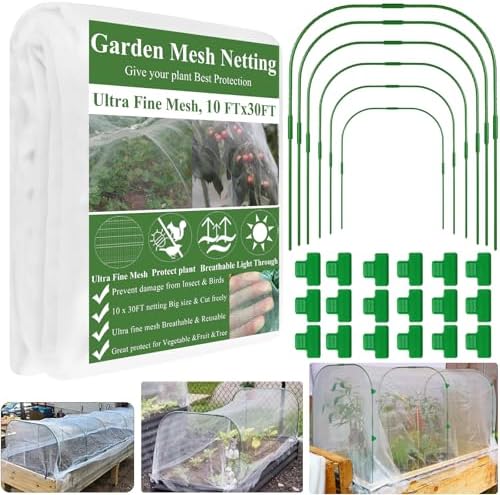 Garden Mesh Netting Kit, Plant Covers 10x30Ft Ultra Fine Mesh Netting & 6Pcs Garden Hoops &18 Clip, Garden Netting Kit for Raised Beds Plants Pest Barrier Greenhouse Row Cover Animal Protection Net