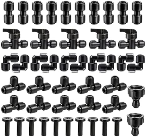 47 Pack Quick Connect 1/4" Drip Irrigation Fittings Kit, 1/4'' Drip Irrigation Tubing Push-to-Fit Connectors Parts- 5 Shut Off Valve, 10 Tees, 10 Couplings, 10 Elbows,10 End Plugs, 2 Faucet Adapters