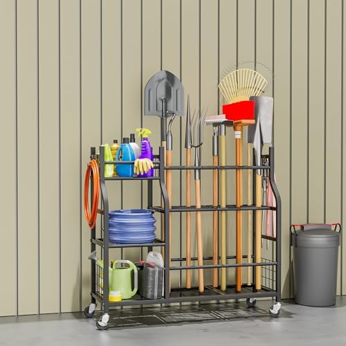 Garden Tool Organizer with Wheels for Garage and Shed, Spacious Tool Storage, Multi-Tier Design with Side Hooks for Rakes, Shovels, Brooms, and Yard Tools Rolling Cart
