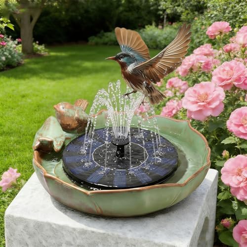 Solar Ceramic Bird Bath with Solar Fountain Pump, Outdoor Birdbath Water Fountain for Garden, Yard, Patio Decor, Weatherproof Bird Baths for Outside Use (Fountain)