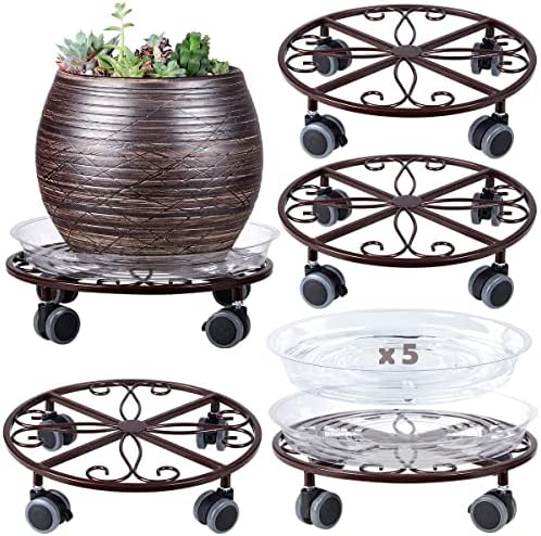 5 Pack Plant Caddy with Wheels & Saucers, Heavy Duty 13.5 Inch Metal Plant Stand with Wheels, Plant Dolly Rolling Plant Stand Plant Roller with Casters for Indoor and Outdoor, Bronze
