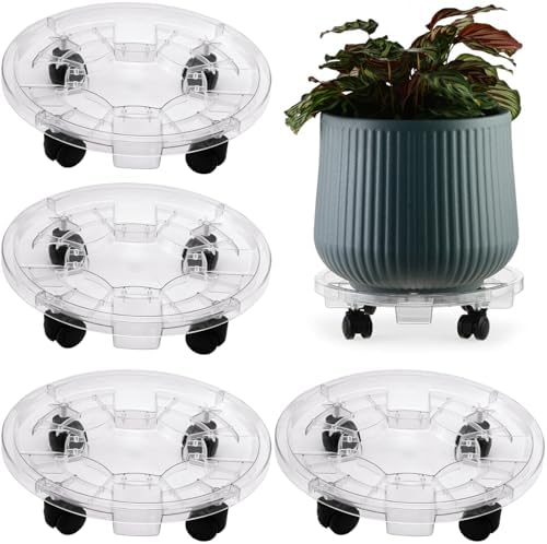 4 Packs 10.2 inches Small Clear Plant Caddy Plant Saucers on Wheels Rolling Plant Stands Heavy-duty Plant Dolly Plastic Planter Roller Base Pot Movers Outdoor Plant Tray Coaster