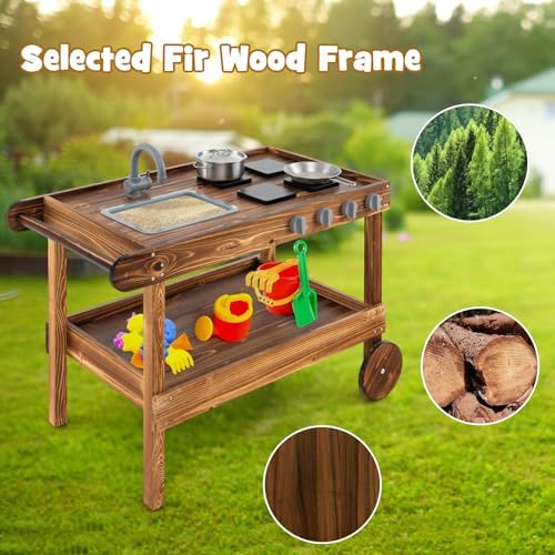 HONEY JOY Mud Kitchen with Wheels - Fir Wood Outdoor Play Kitchen for Toddlers, Garden Sink, Stoves, Storage Shelf, Kids Outdoor Backyard Kitchen Playset