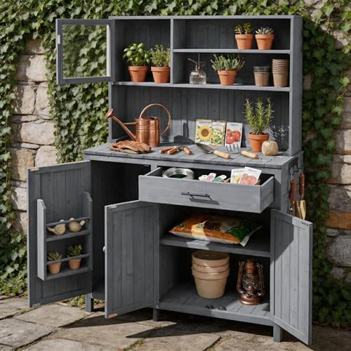 65 Inch Garden Potting Bench with Hutch Top, Gray