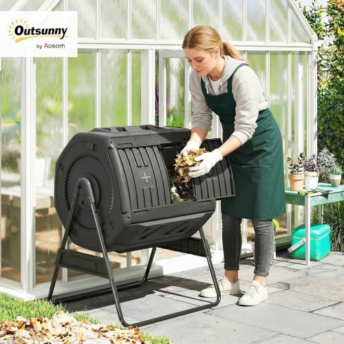 Outsunny Compost Bin Outdoor, 53 Gal Dual Chamber Compost Tumbler, Black