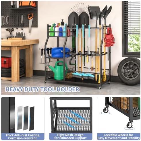 Garden Tool Organizer with Wheels, Rolling Storage Rack for Garage